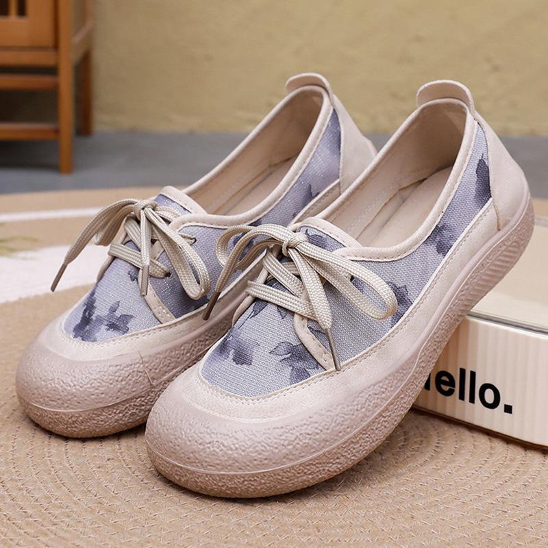 Fashion Spring and Autumn Women Flat Cloth Shoes Lace-up Round Toe Casual Shoes Comfortable and Breathable Outdoor Non-slip Sneakers