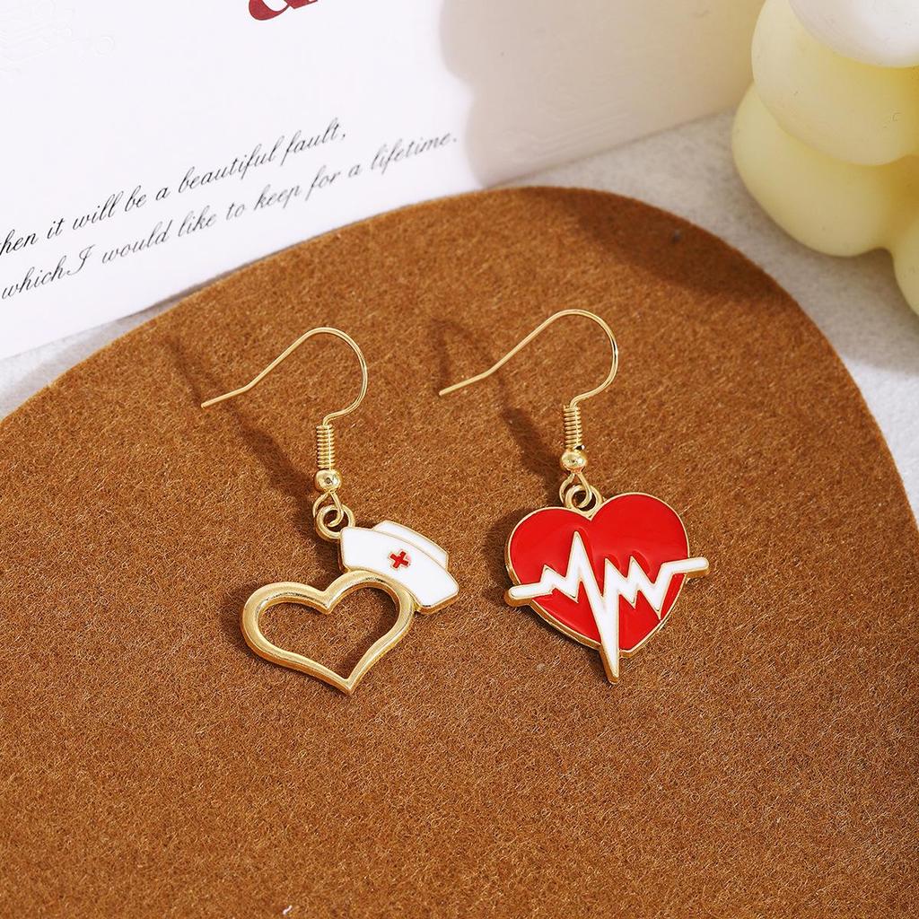 Japanese & Korean Cartoon Red Heart EKG Needle Earrings: Light Luxury Design, DIY Drop Oil for Elegant Style