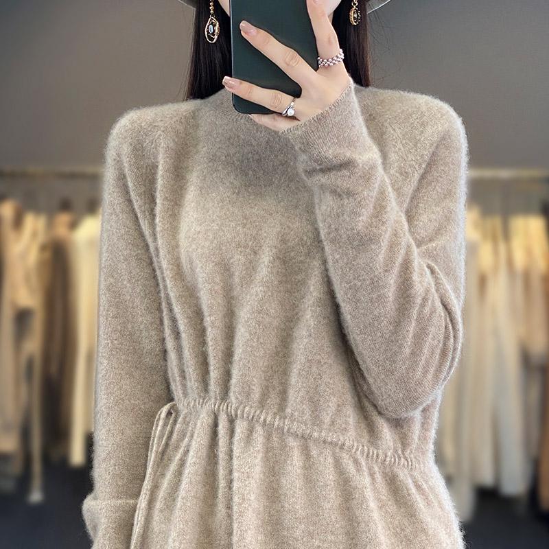 High-Neck Pure Wool Drawstring Sweater - Women s Autumn/Winter Loose Cashmere Knit Small