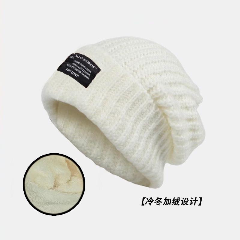 Black hat women's spring and autumn wool hat cold hat big head circumference headgear knitted hat winter warm pile hat men