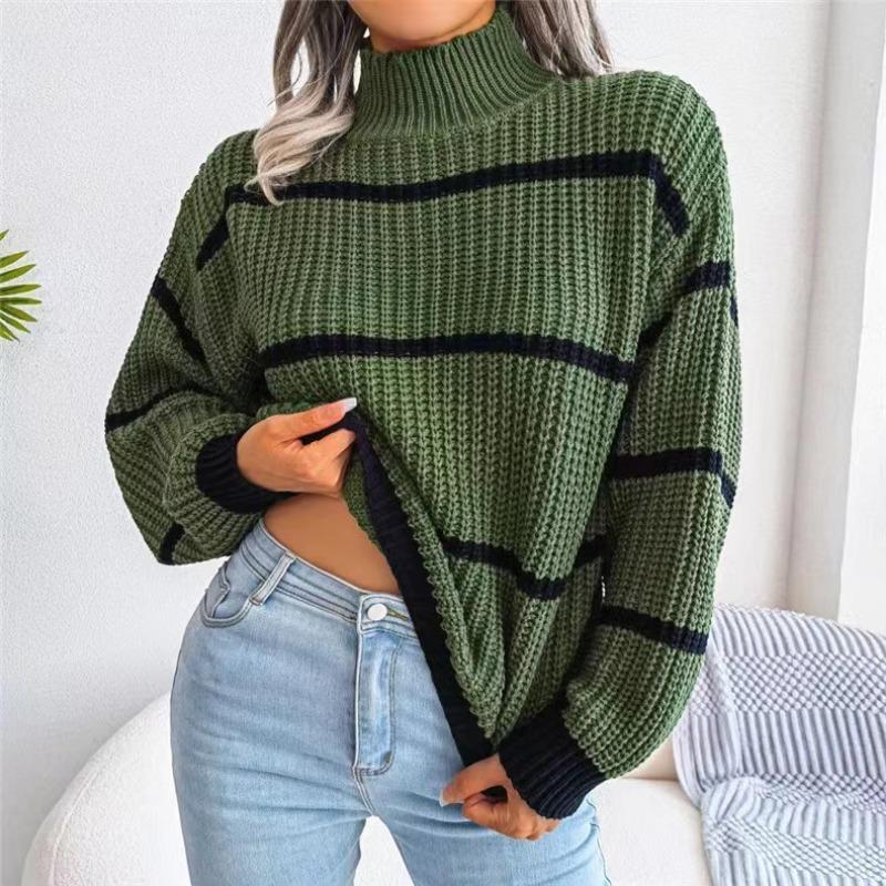 

New Turtleneck Long Sleeved Women Striped Pullover Sweater Elegant Autumn Winter Loose Fashion Casual Office Tops Lady Knitwear Clothes one size зелёный