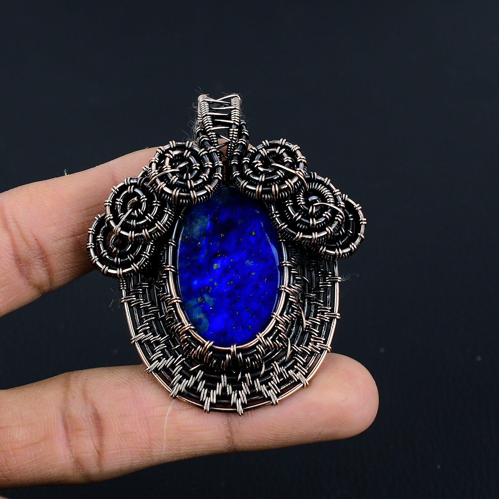 

Подвеска из лазурита, ювелирное изделие из драгоценного камня ручной работы, подвеска, обернутая медной проволокой 999 пробы, ювелирная подвеска уникального дизайна 2.55 Inches