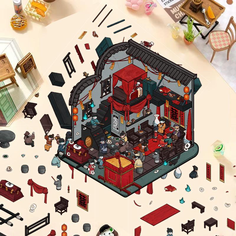 Kreslené krajinné samolepky Vícenásobný miniaturní svět 3D chata Rozbalit DIY scéna Ruční příspěvek