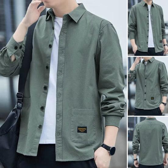 Men Autumn Shirt Double Pockets Solid Color Long Sleeves Turn-down Collar Loose Warm Single-breasted Casual Korean Style Autumn Tops for Daily Wear