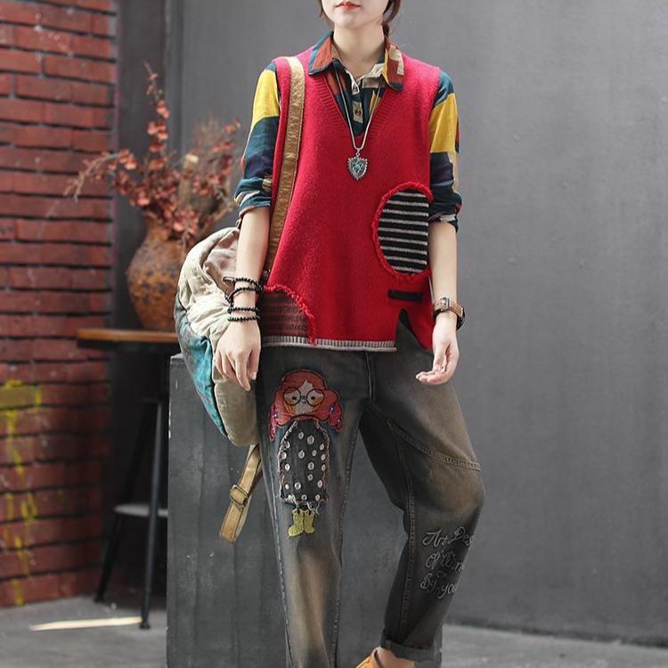 Autumn Winter Women's Loose Knitted Vest Sleeveless Vest Literary Color-block V-neck Pullover Knit Waistcoat
