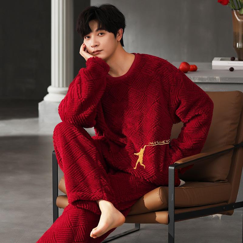 Couple Flannel Red Wedding Pajamas Winter Women's Festive Wedding Autumn and Winter Coral Fleece Loungewear Suit Men