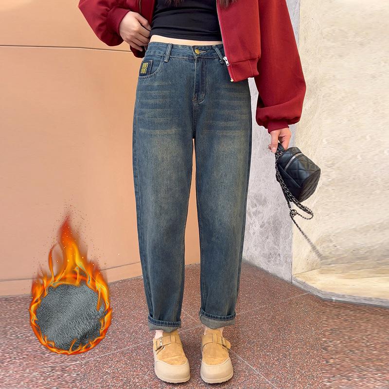 Winter pear-shaped body large size velvet Harlan jeans women's fat mm thin radish pants high waist thickened pants
