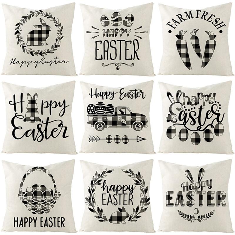 Cheap Easter Pillow Cover Black White Plaid Rabbit Printing Decorative