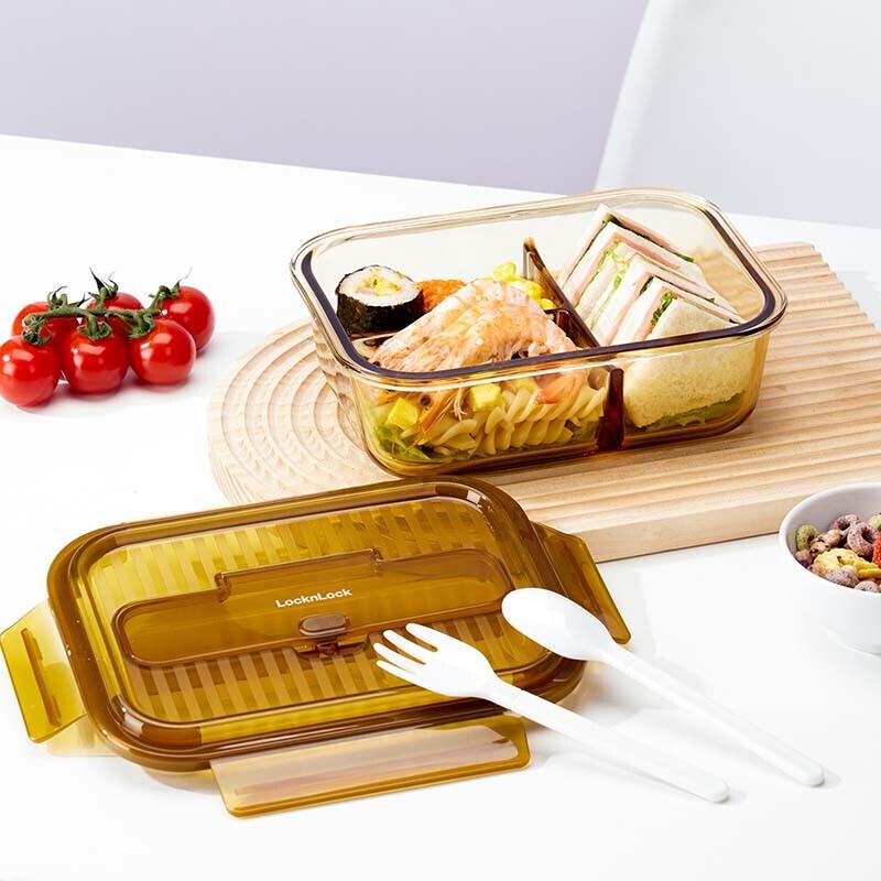 LOCKLOCK LCB231FU Amber Glass 3-Compartment Rectangular Food Container