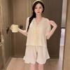 New short-sleeved shorts ice silk pajamas summer women's sweet girl loungewear set French simulation silk spring and autumn