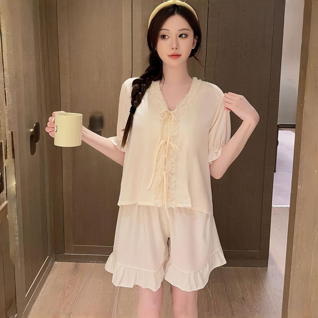 New short-sleeved shorts ice silk pajamas summer women's sweet girl loungewear set French simulation silk spring and autumn