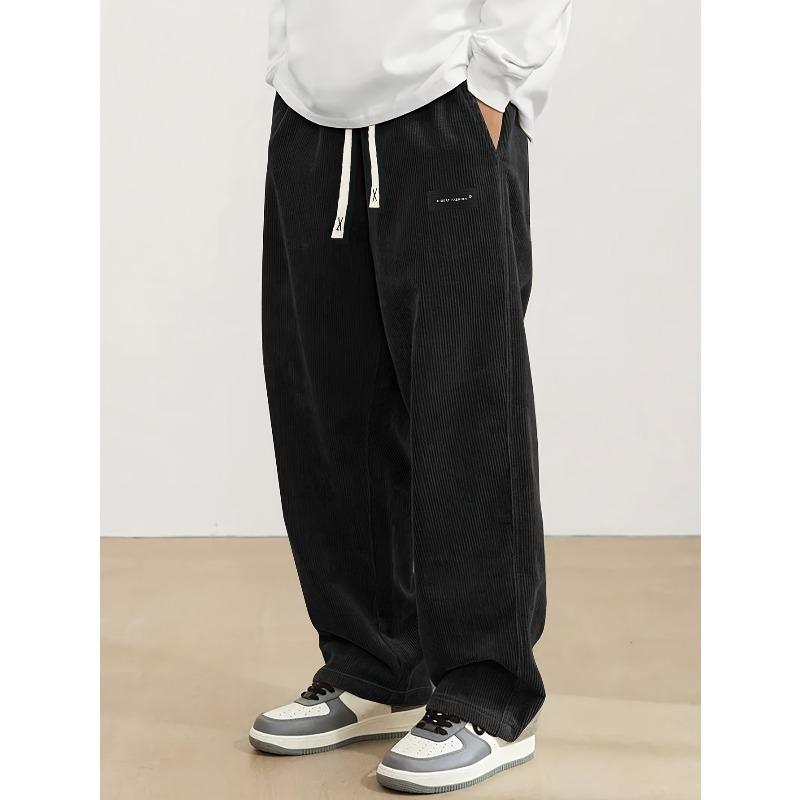 Men'S Corduroy Straight Leg Pants with Drawstring Waist, Pockets, and Logo Design  Stretchy Casual Fit for Everyday Wear Spring