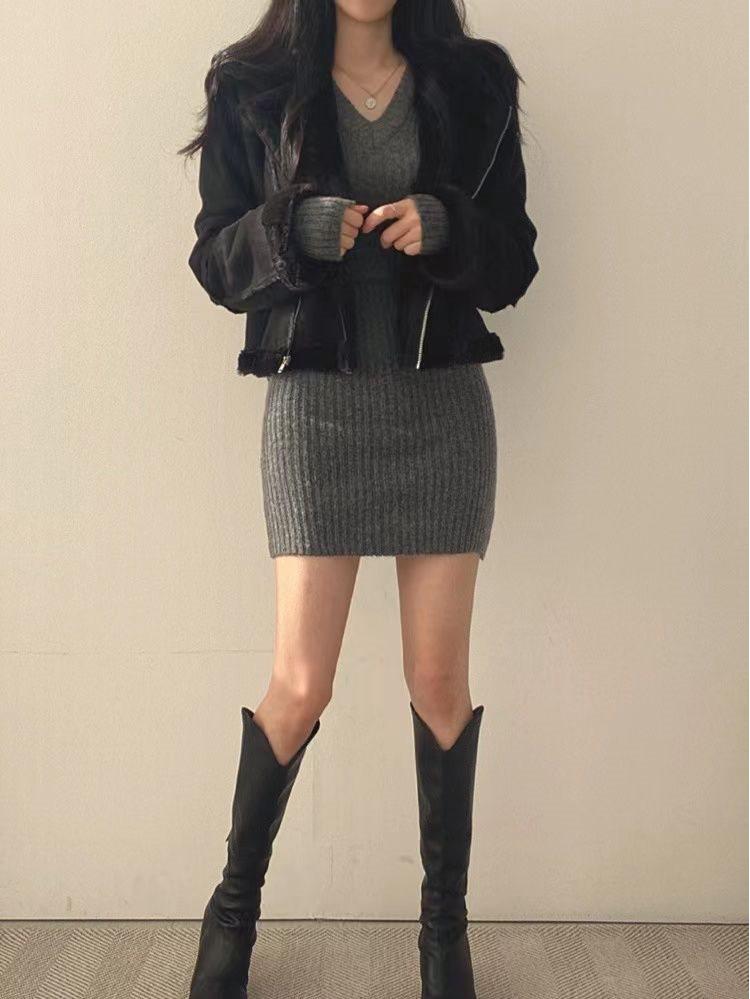 Koreanischer Chic Retro V-Ausschnitt Slim-Fit Strickkleid für Damen - Frühling/Sommer Stil