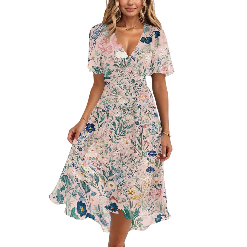 Womens Summer V Neck Short Sleeve A Line Midi Dress Floral Print Flowy Casual Vacation Sundress with Pockets S to 2XL
