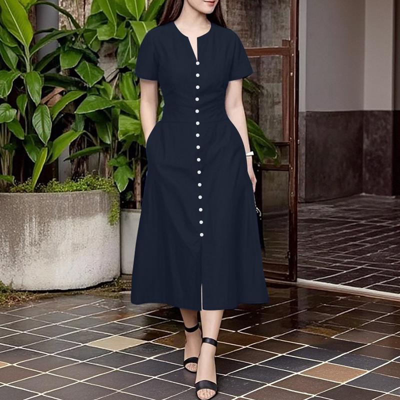 ZANZEA Women Casual V-Neck Solid Color Summer Short Sleeve Dress