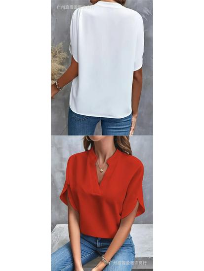 Women's Summer 2026 Solid Color V-neck Loose Shirt Top