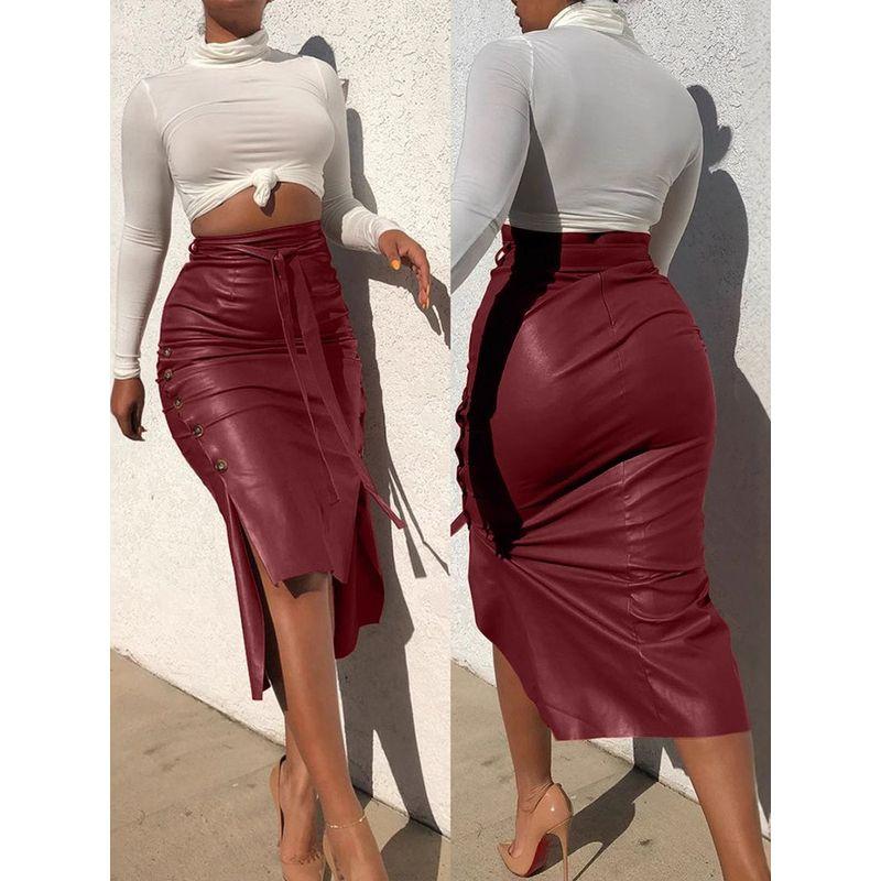 Solid Color Lace up Waist Hugging Skirt Pure Color Tied Sheath Skirt for Women