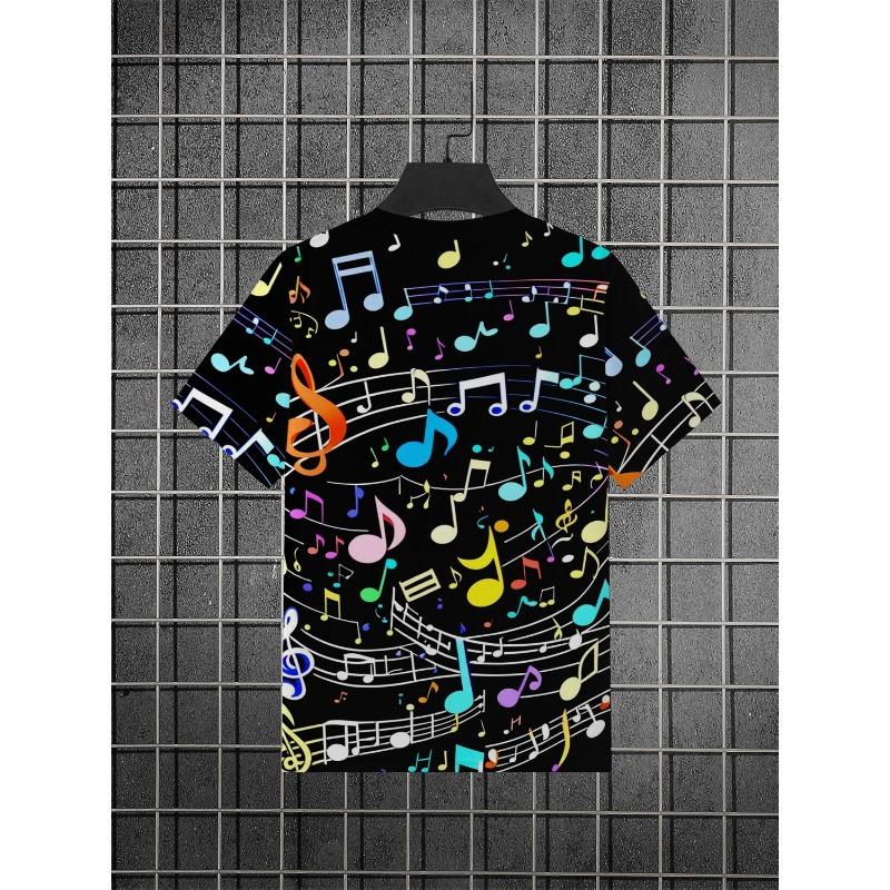 Men's Cool Music Note Print T-Shirt With Colorful Melody Pattern And Black Background, Stylish Short Sleeve Summer Top For Casual Daily Wear
