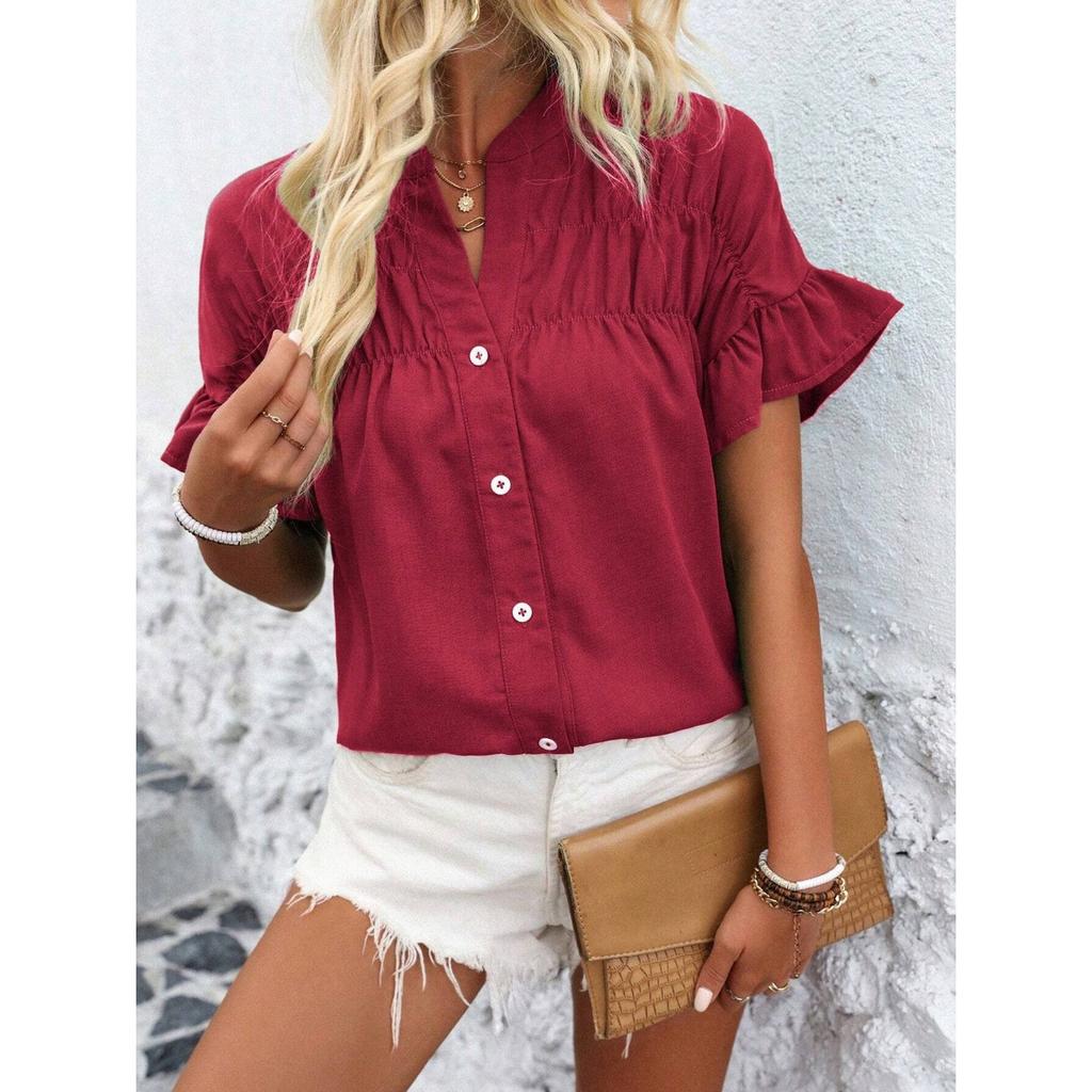 GMXIA Women's Casual Short Sleeve Pleated Shirt Button Solid Color Cotton Hemp Stand Collar Shirt Women