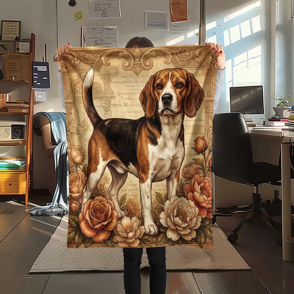 1PC Retro Pet Puppy Print Flannel Blanket, High quality All Seasons, Home Decor, Warmth and Comfort, Perfect for Christmas Gifts