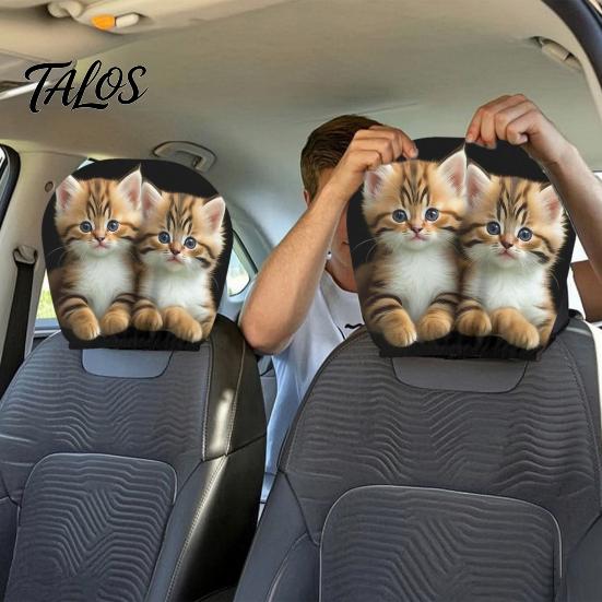 Washable Headrest Protector 2Pcs Cute Cat Car Covers, Breathable Auto Seat Non Slip Protectors, Stretchy Universal Interior Accessories for SUV Truck