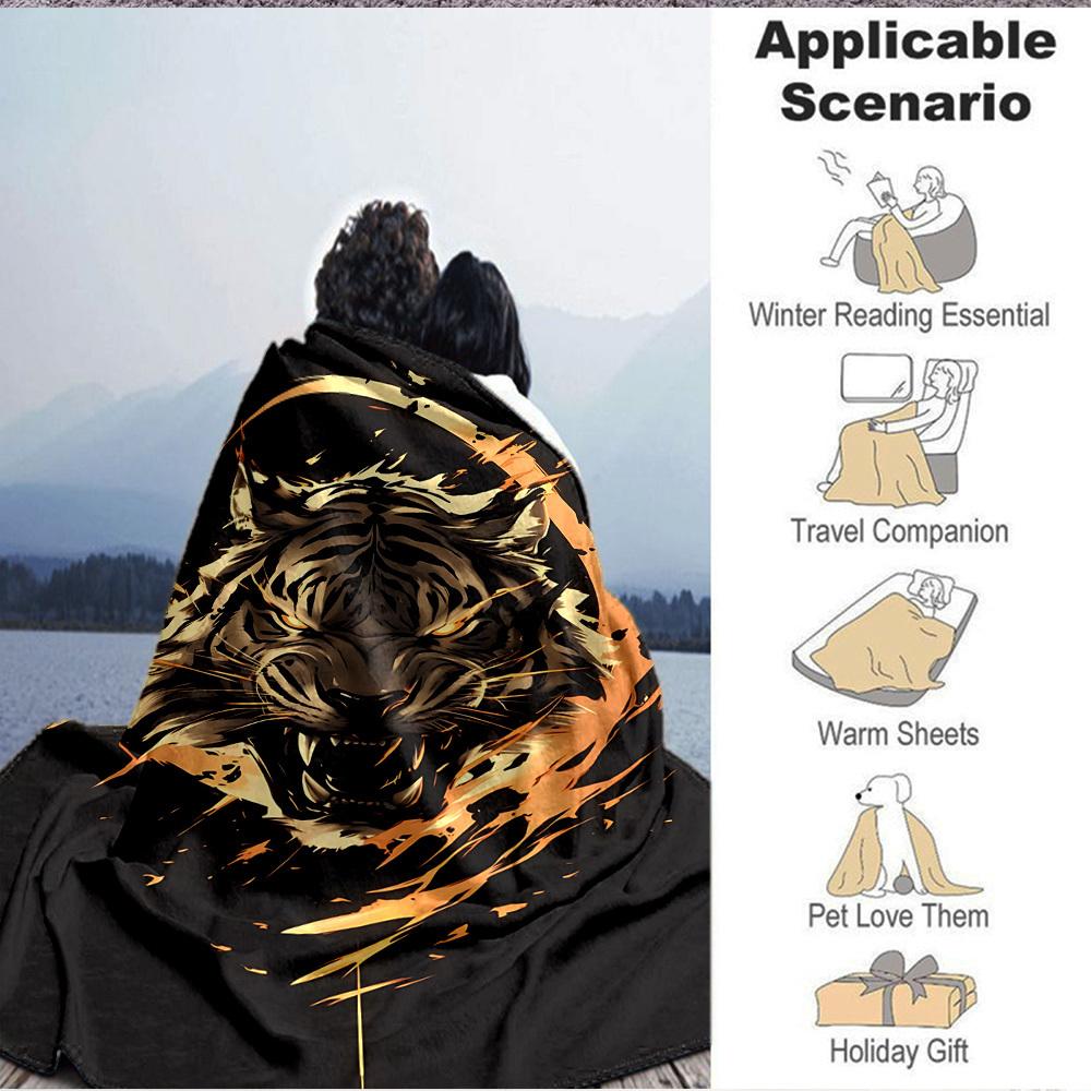 1pc Tiger Head Design Blanket, Lightweight Flannel Throw For Sofa, Bed, Travel, Camping, Livingroom, Office, Couch, Chair