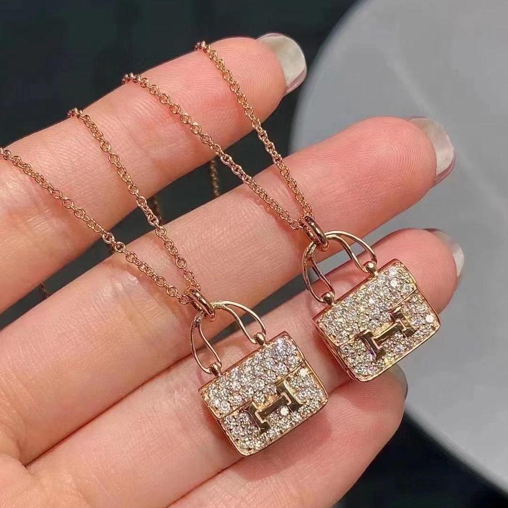 Kang Kang Luxury H Bag Necklace: Sterling Silver & 18K Rose Gold Diamond Pendant for Women