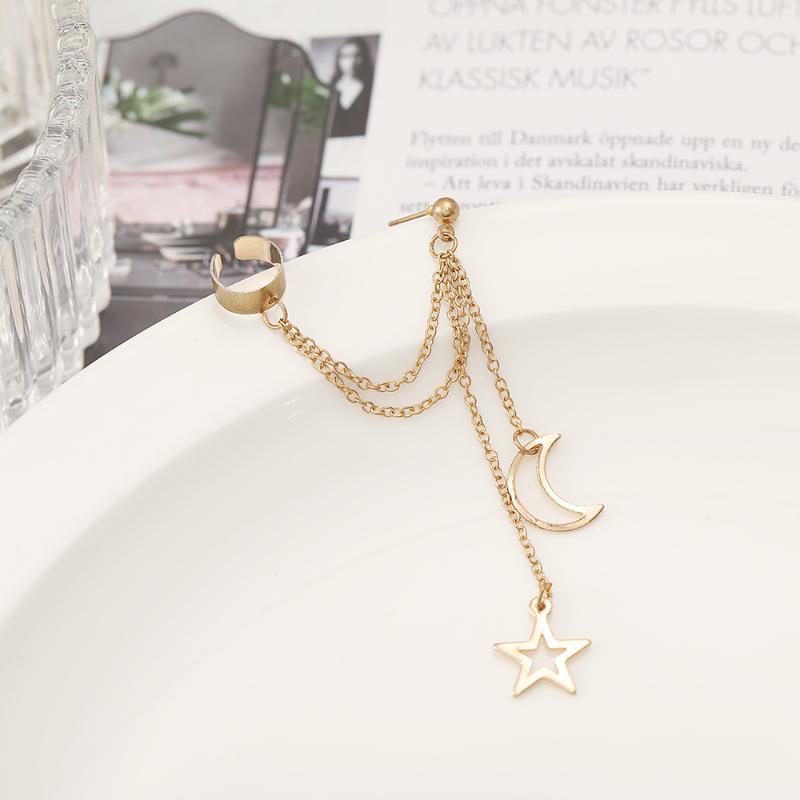 Vintage Pendant Metal Dangle Earrings With Long Chain Ear Clip For Women Silver Color Gold Color Star Moon Earring Jewelry