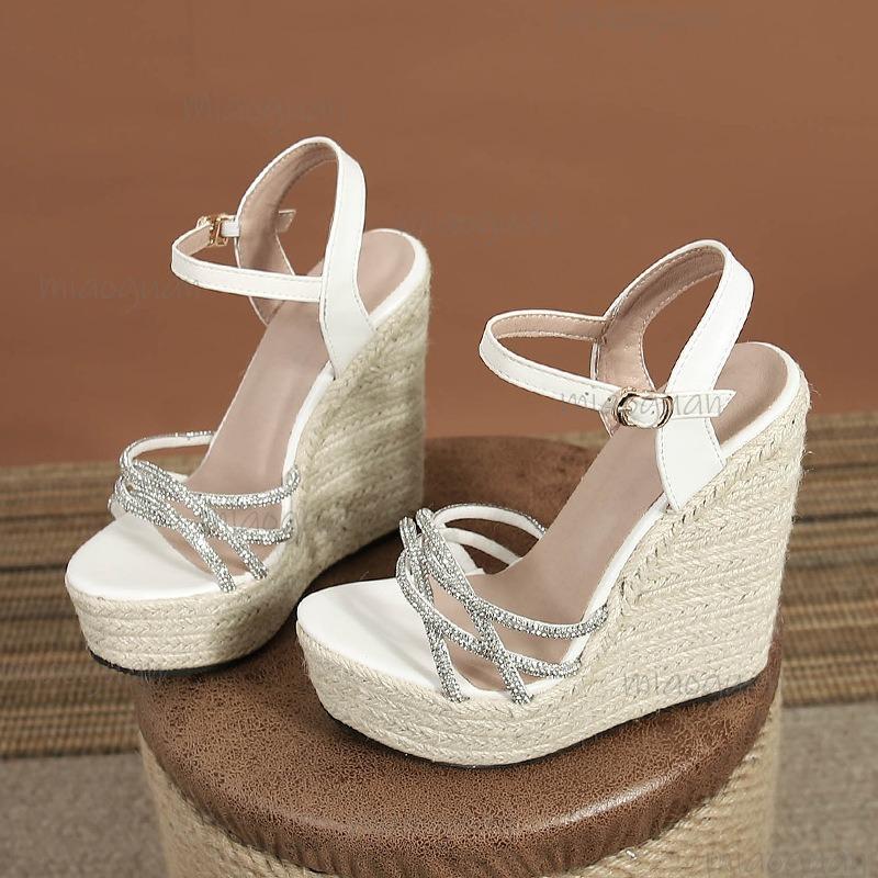 15CM Wedges Heel Platforms Sandals Chunky Sole Open Toe Crystal Straps Women's Fashion Sandals Zapatos De Mujer Size 34-42