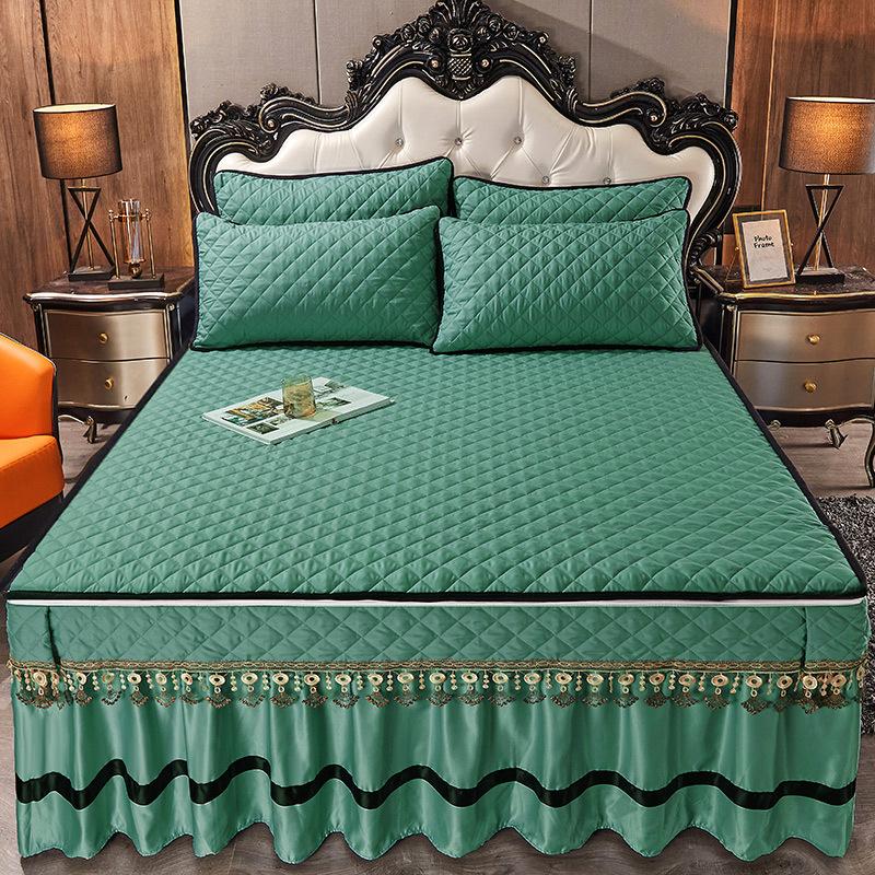 Seaweed Cotton Quilted Bed Skirt One-Piece Thickened Warm Removable Lace Bedspread Brushed Mattress Cover Three-Piece Set