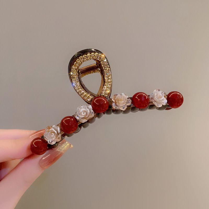 1pc Rose red pearl clip women's autumn and winter new fashion style, back of the head plate hair clip hair accessory