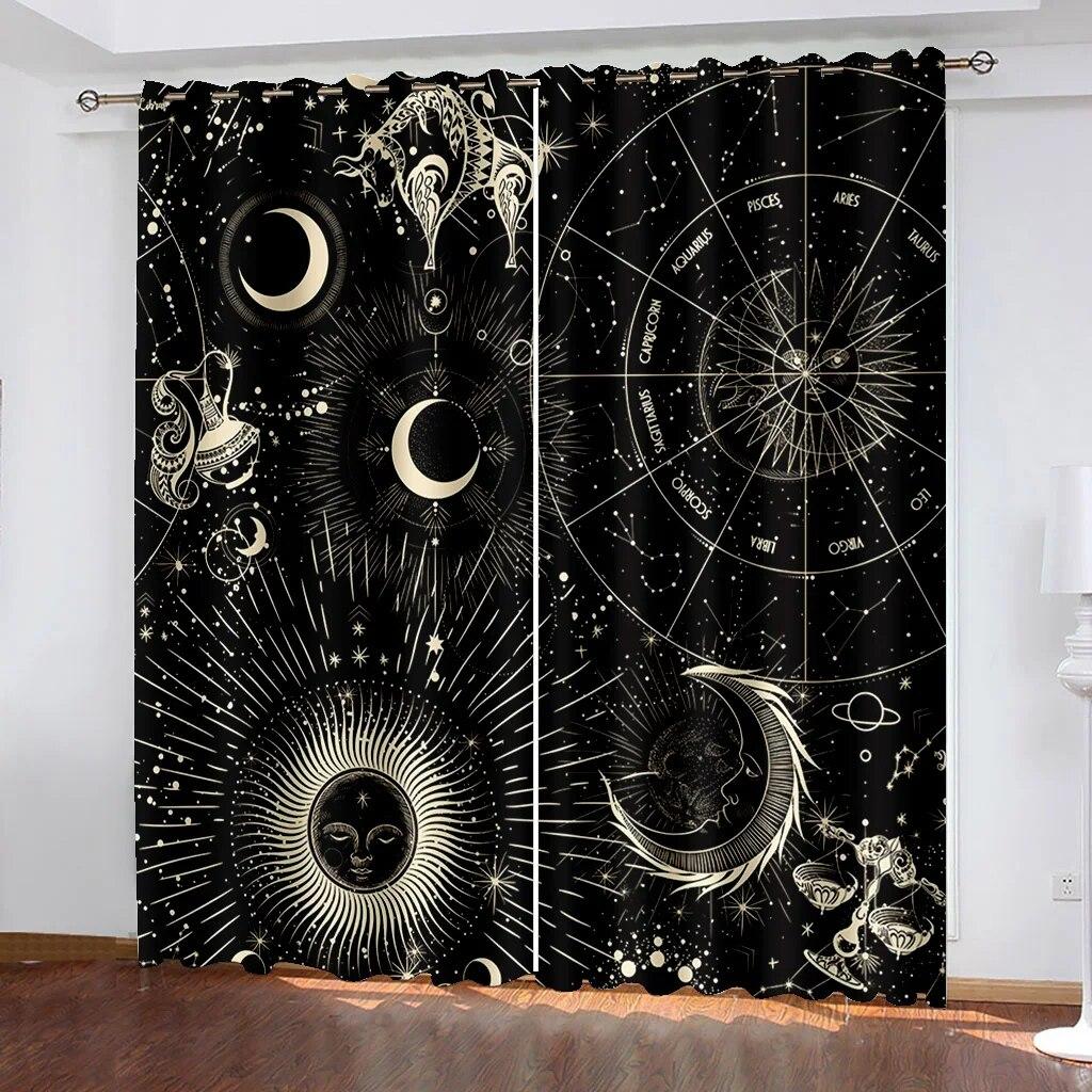 Graphic Sun Moon Starry Sky Printed Curtains, Rod Pocket Curtains Living Room Kitchen Office Decoration Curtains Home Decoration