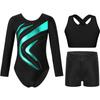 Girls Gymnastics Dance Set Long Sleeve Metallic Patchwork Leotard Cross Back Vest Rhinestone Waistband Shorts