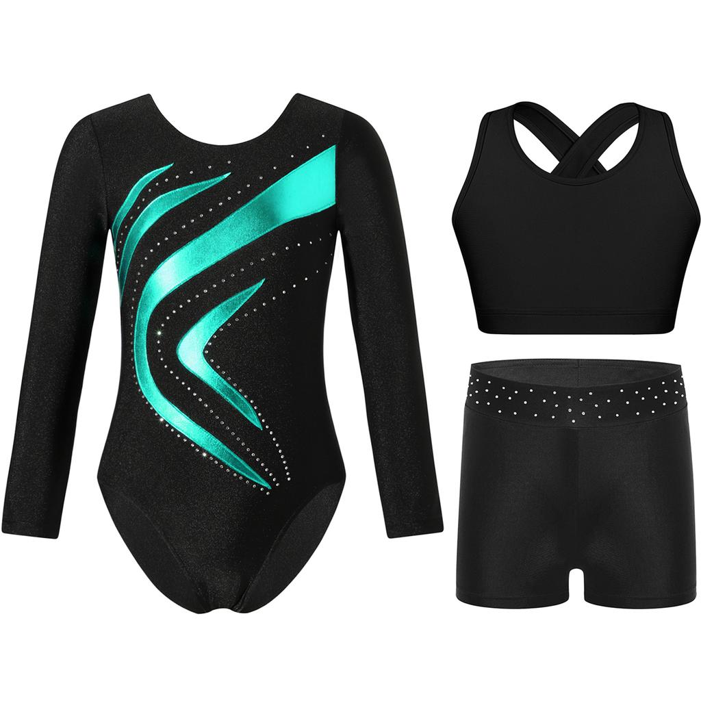 Girls Gymnastics Dance Set Long Sleeve Metallic Patchwork Leotard Cross Back Vest Rhinestone Waistband Shorts
