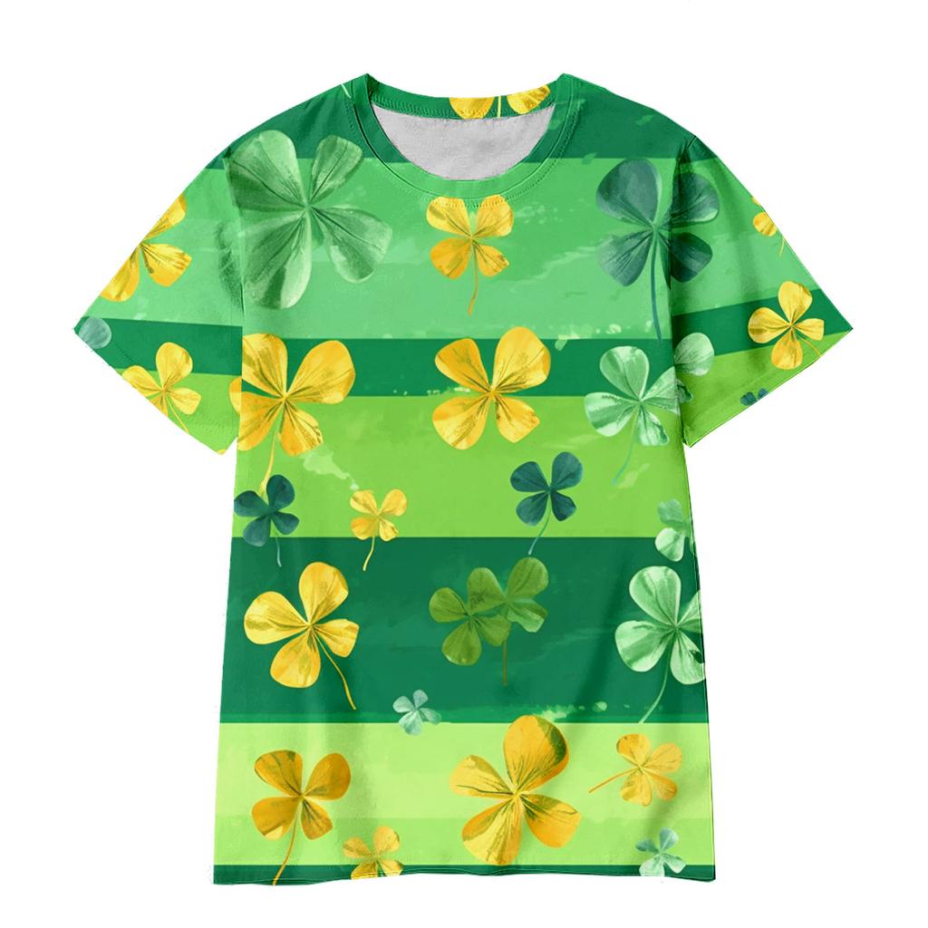 Summer Round Neck 3D Green Magic Hat with Clover Print Top Fashionable Casual Short Sleeved Children's Boy and Girl T-shirts