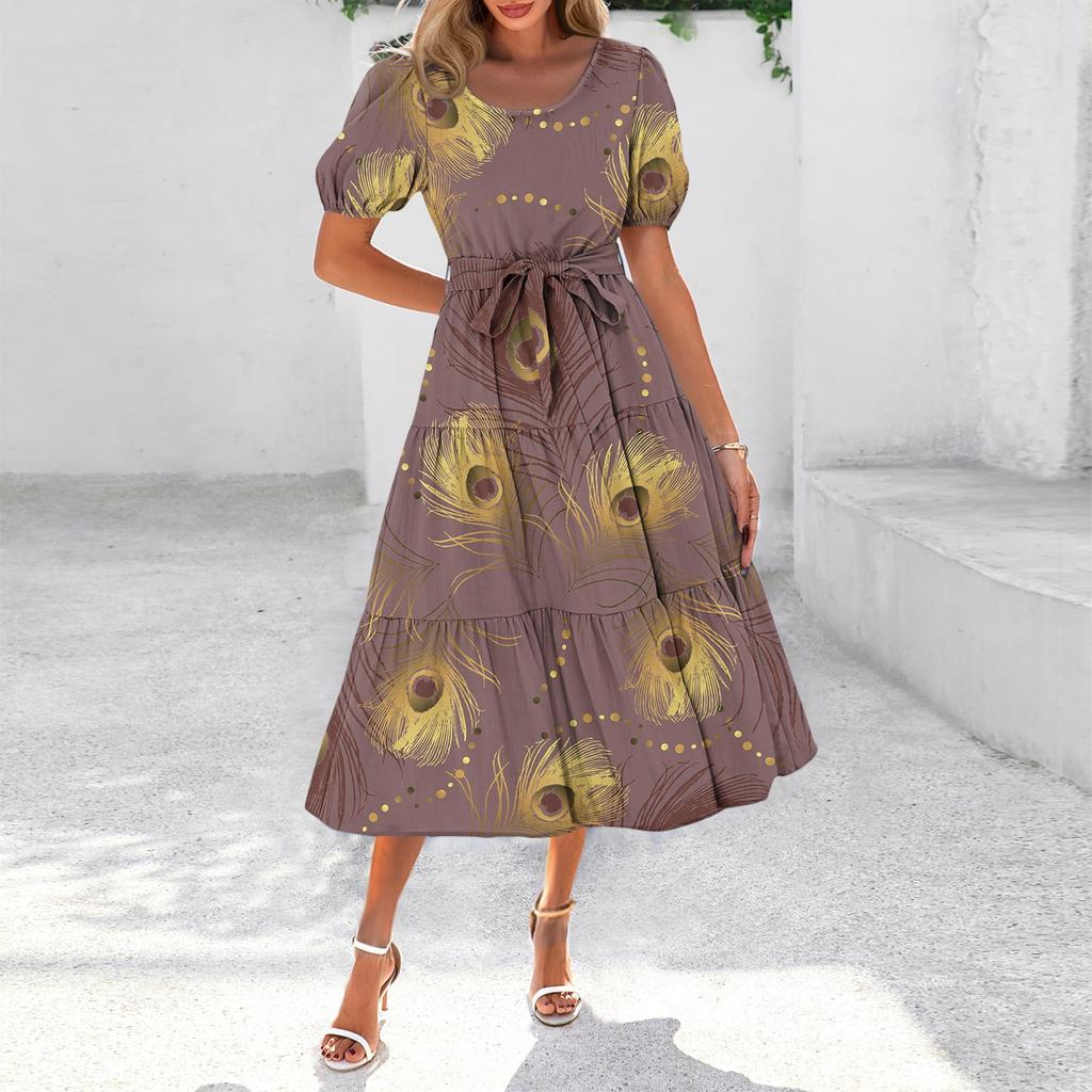 Women's Summer Short Sleeve Round Neck Waistband Bohemian Flowy Layered Maxi Dress With Pockets