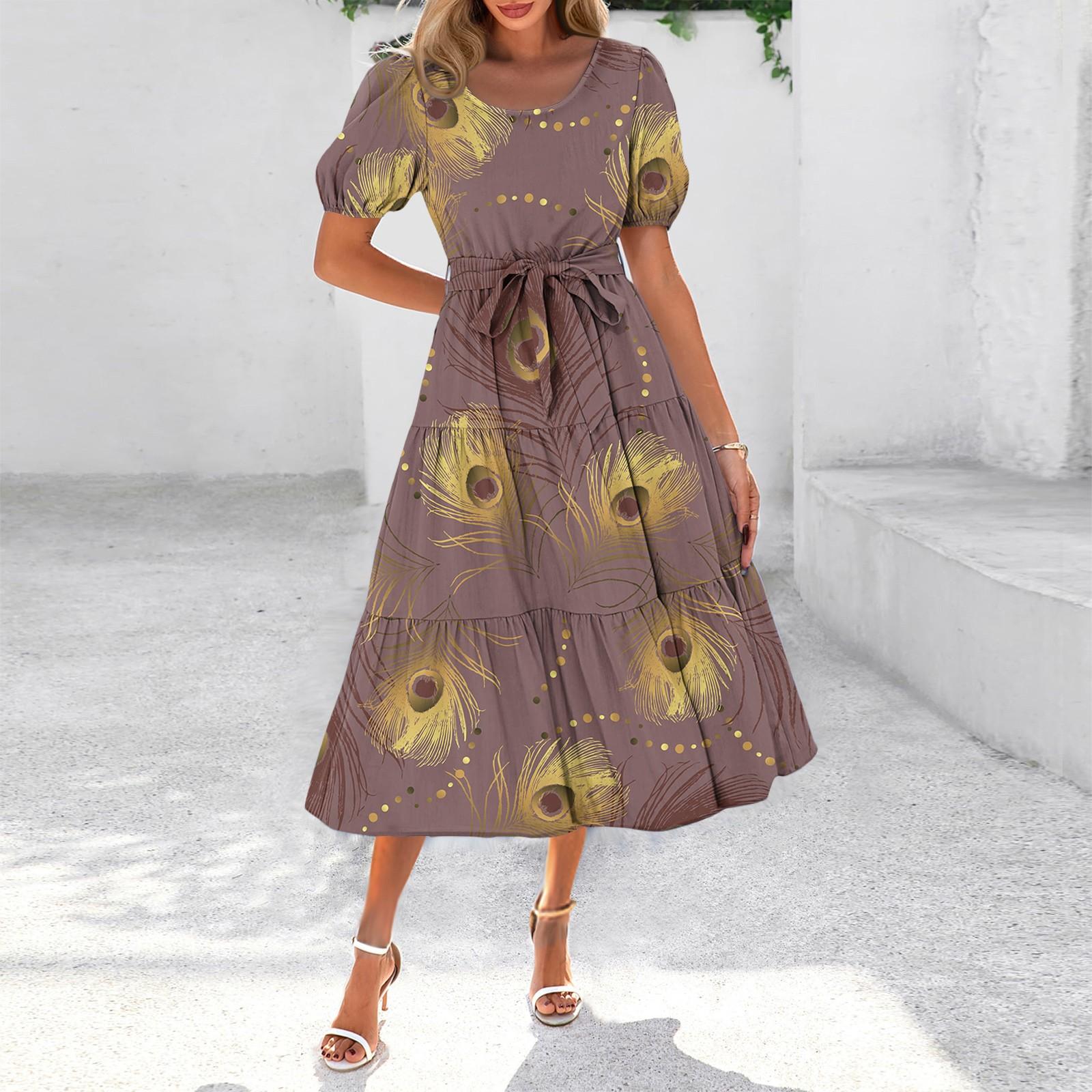 

Женское летнее платье макси с коротким рукавом, круглым вырезом, поясом и карманами в стиле бохо с струящейся отделкой XL жёлтый