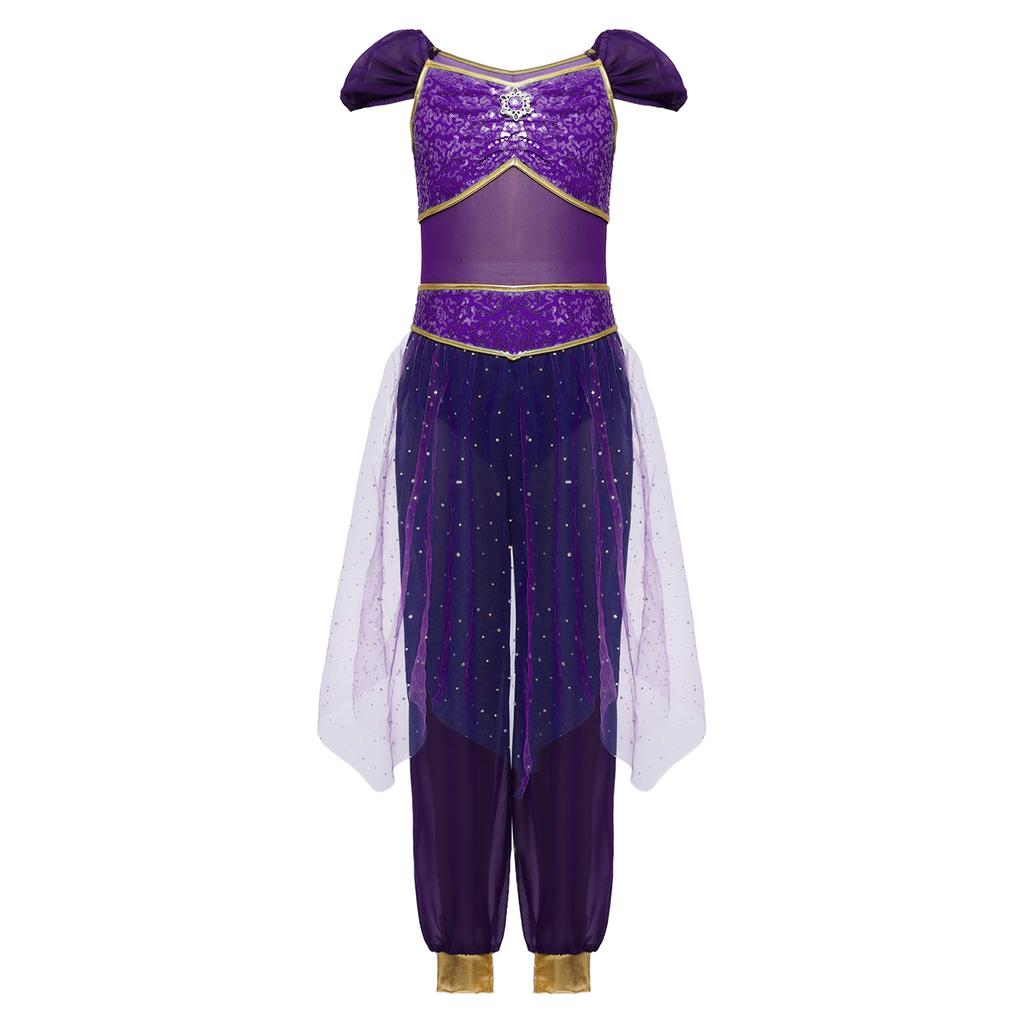 Girls Belly Dance Costume Arabian Princess Rompers Sequined Waist Tulle Overlay Jumpsuit Contrast Color Rhinestone Decor