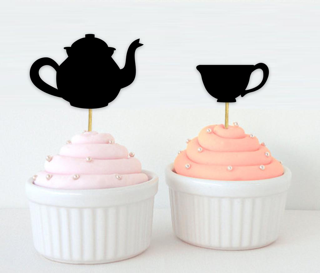 Darling Souvenir| Bridal Shower Tea Party Cupcake Topper| Birthday Dessert Decorations Tea Kettle Cup Cupcake Toppers - Pack Of