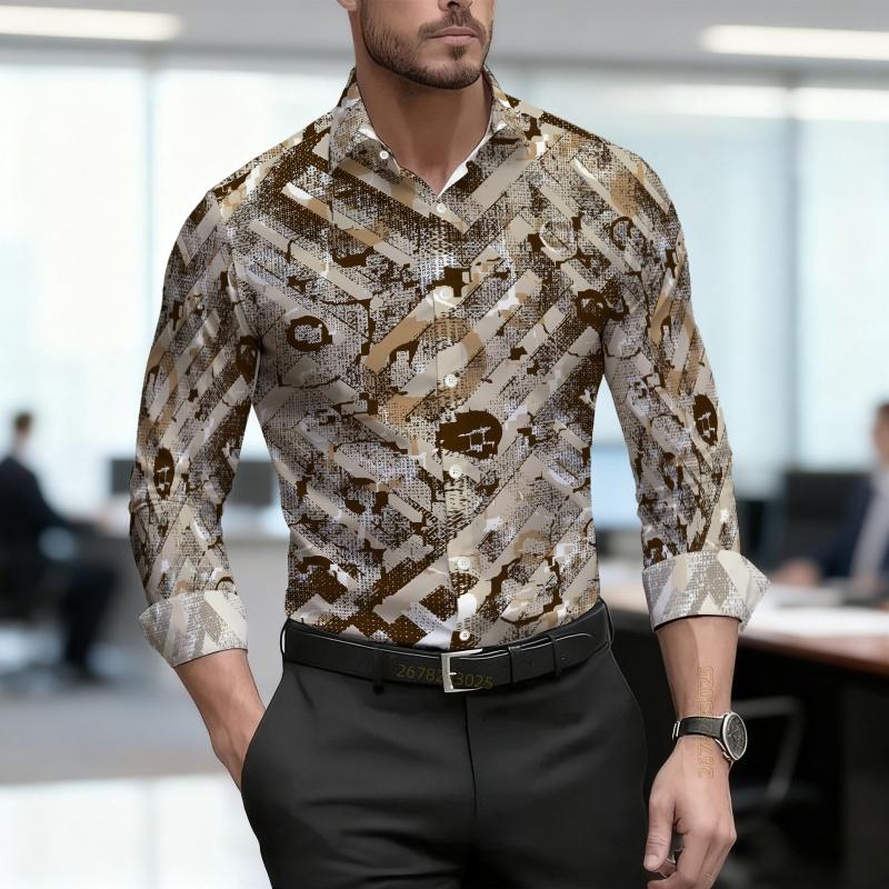 Men's Shirt, Ethnic Style Diamond Shaped Geometric Printed Long Sleeved Shirt, Business Casual Spring and Autumn Collar Shirt