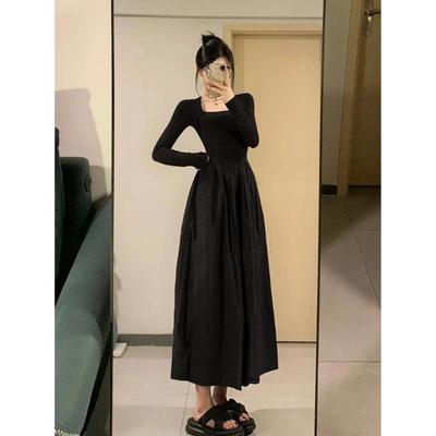 Black Long Dresses for Women Elegant French Style New Spring Square Collar Stylish Temper Vestidos Simple Casual Vintage Ladies