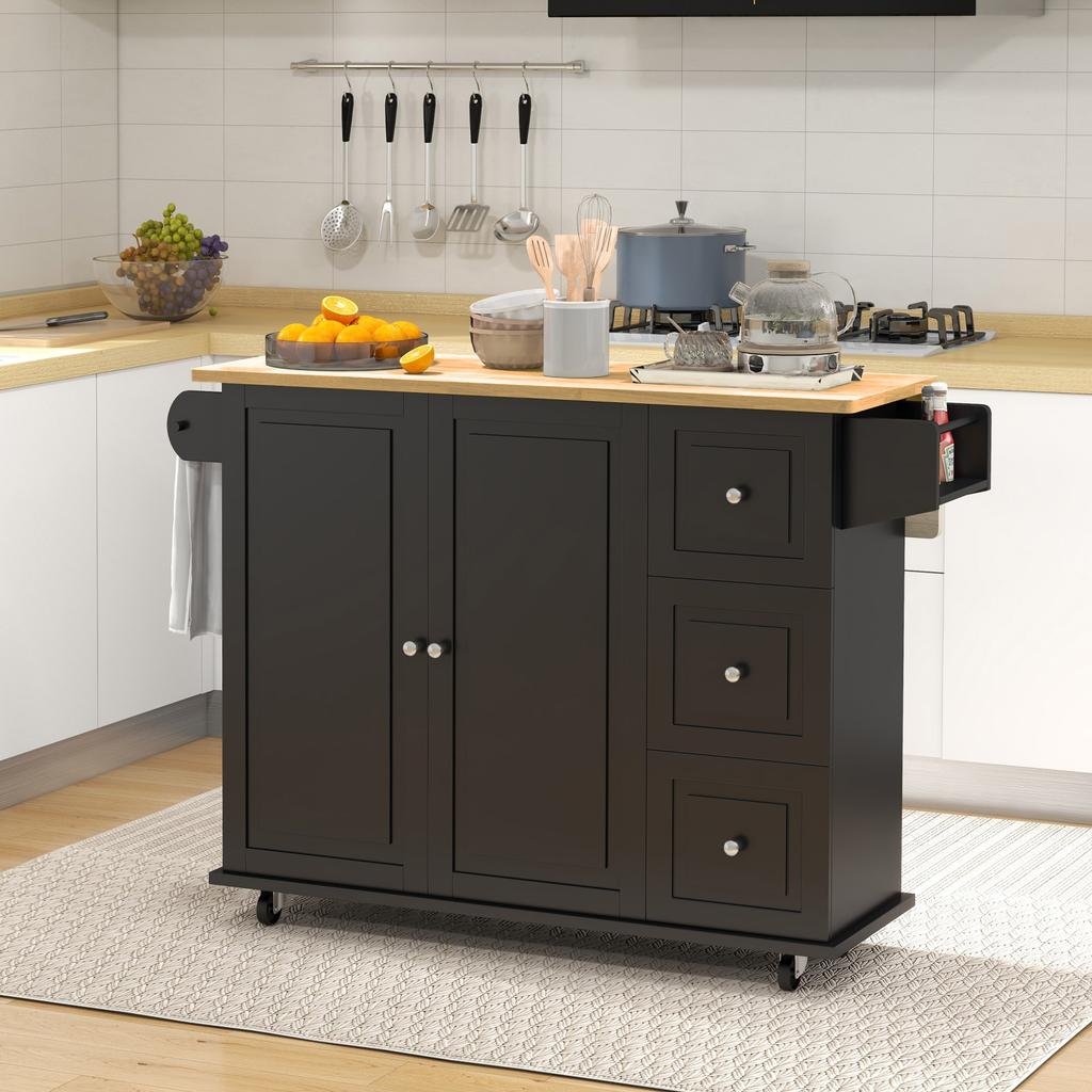 Kitchen Island with Drop Leaf, Rolling Kitchen Storage Trolley on Wheels with 3 Drawers, Black