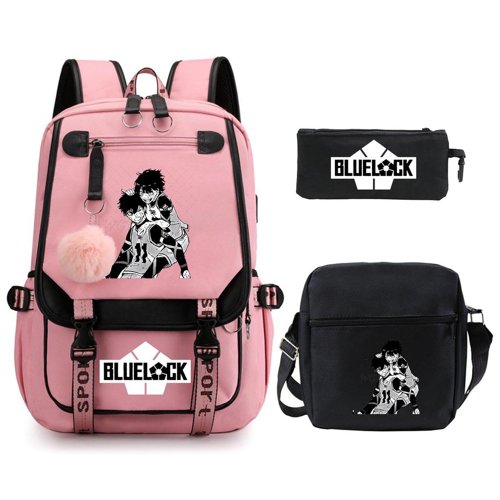 Blue Prison Student School Bag Large Capacity Children'S Shoulder Bag Casual Pencil Bag Set