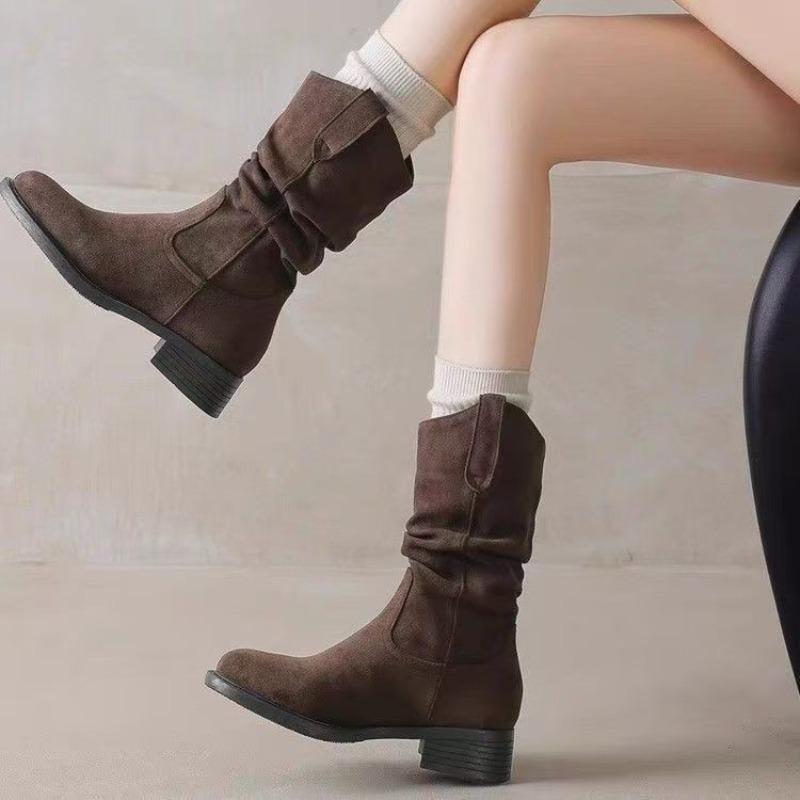 Pile Boots Women's New Autumn and Winter with Skirt Thick Heel Medium Tube Low Heel Maillard Western Cowboy Fashion Boots