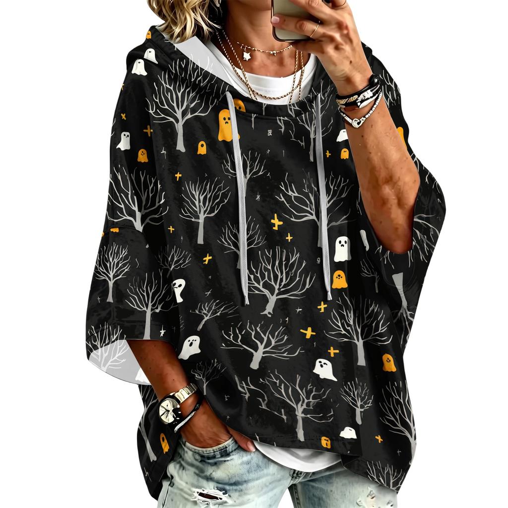 Women's 3/4 Sleeve Hooded Pullover Top with Halloween Print