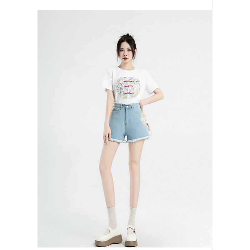 Summer New Denim Shorts New Chinese Style National Style High Waist Women's Personalized Embroidered National Trend A-line Hot Pants