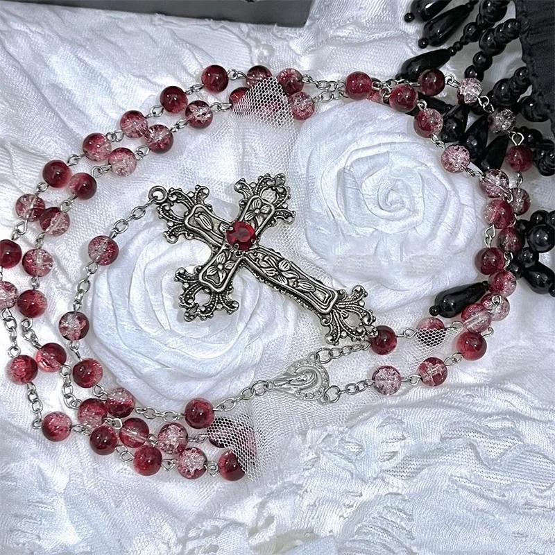 Dark Red Punk Cross Necklace With Electroplated Alloy For Fashion Enthusiasts красный