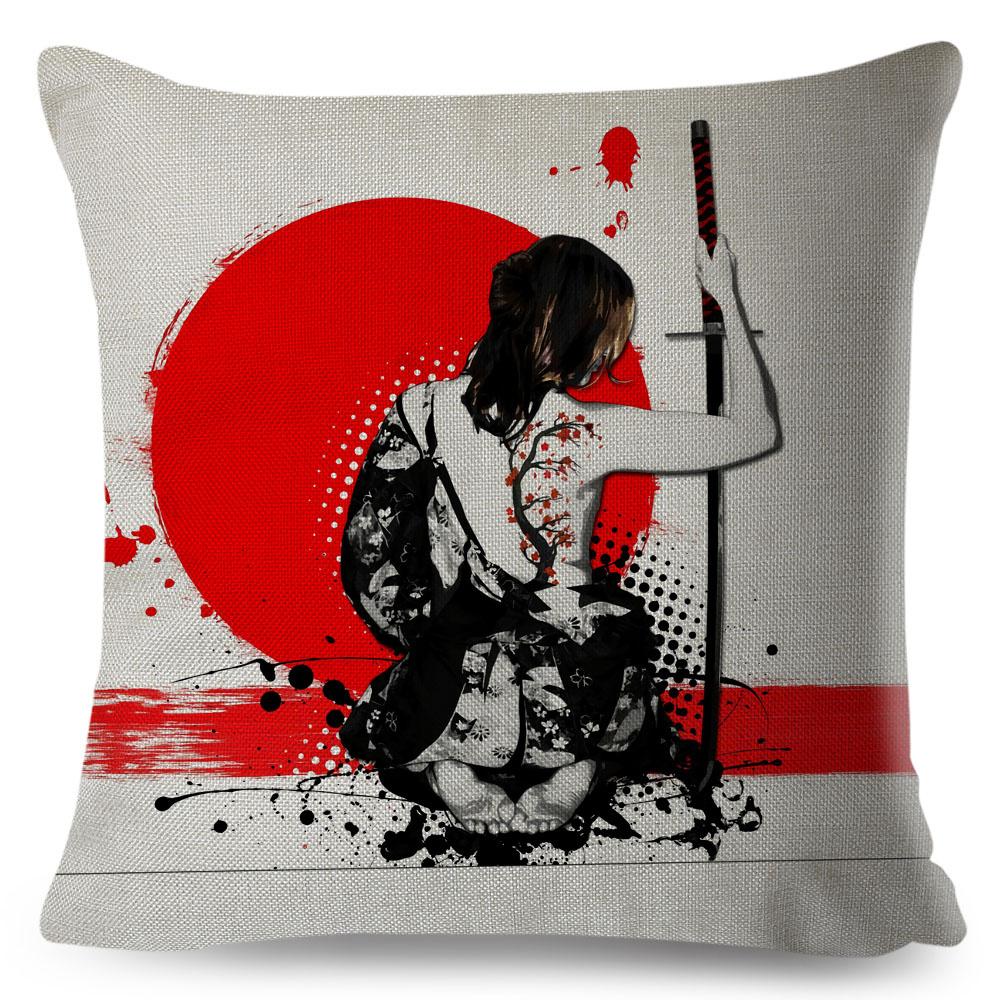 Japanese Style Ink Cushion Cover for Sofa Home Car Decor Beautiful Scenery Cat Girl Pillowcase Polyester Pillow Case 45x45cm