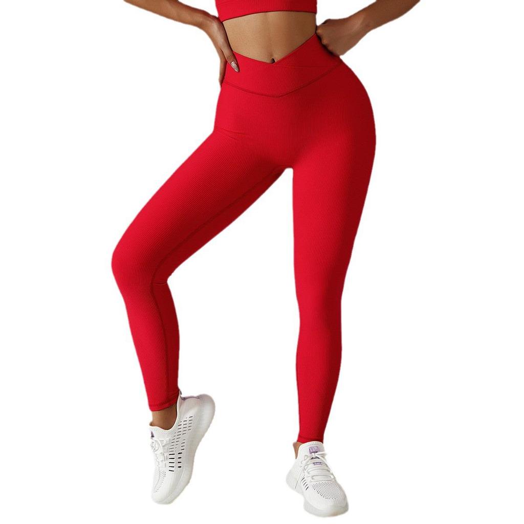 Women's V-Waist Tummy Control Yoga Leggings - Gathered Peach Hip Lift for Running and Training
