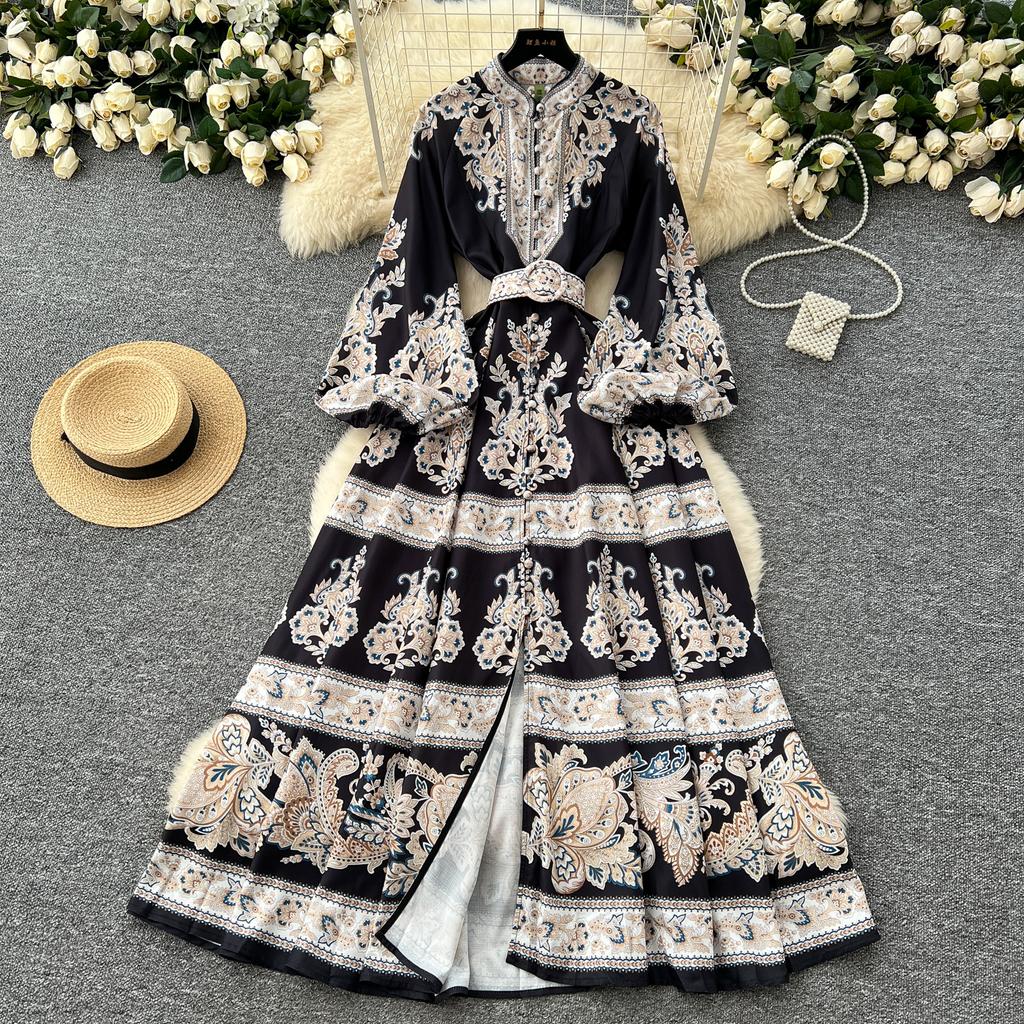 Frühling Herbst Frauen Große Größe Vintage Print Einreiher Lange Maxi Urlaub Party Kleider mit Gürtel